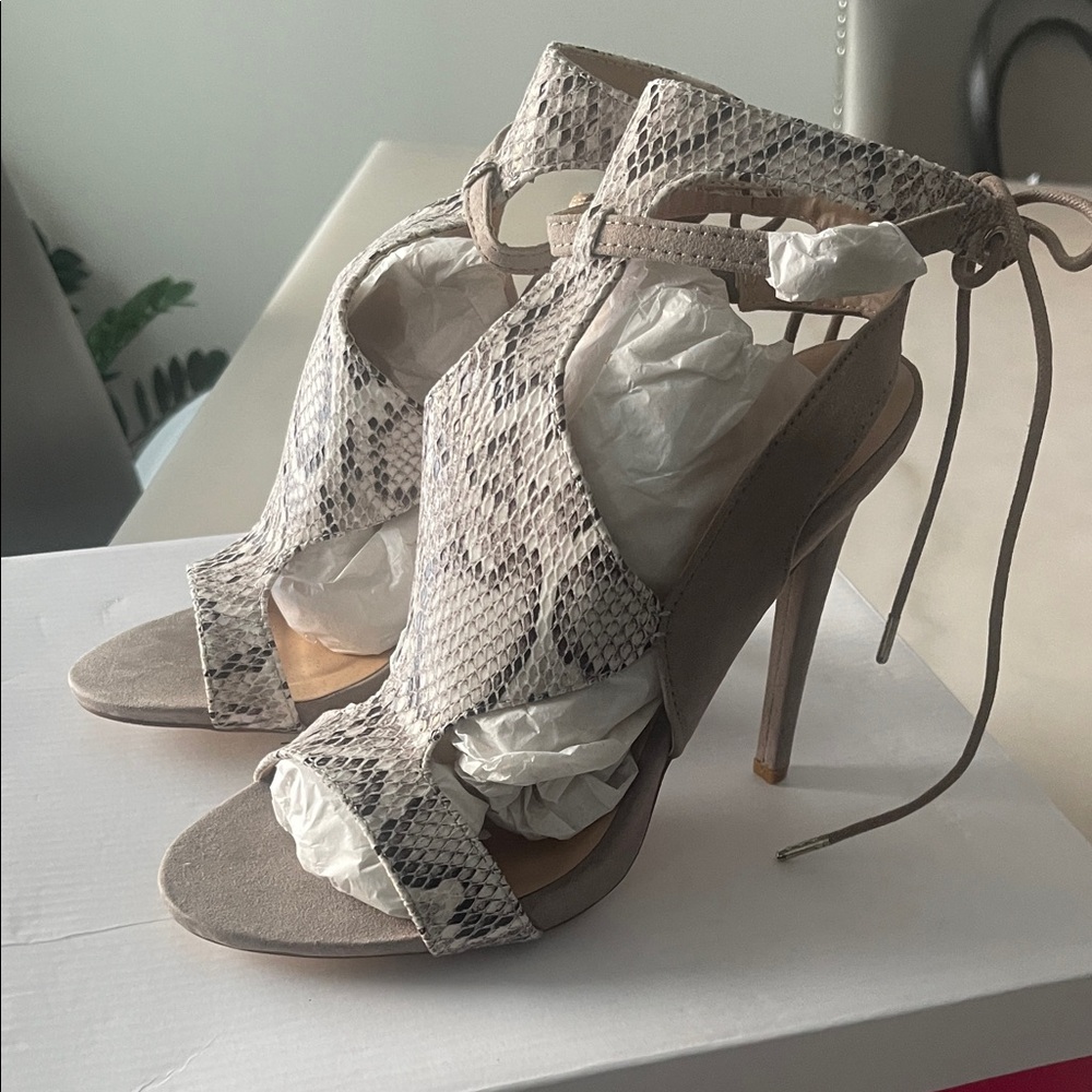 JustFab Snakeskin Lace-Up Heels